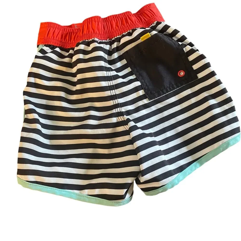 Disney Mickey‎ Mouse retro patches black white striped swim trunk shorts SIZE 3
